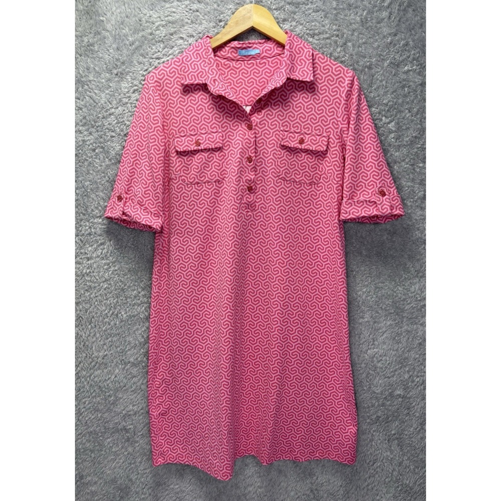 J McLaughlin Catalina Cloth Womens L Pink Geometric Shirt Dress Roll Tab Sleeve